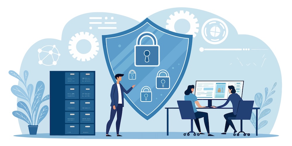 Modern data security illustration showing professionals collaborating on cybersecurity strategy for data protection, keeping information safe and secure online