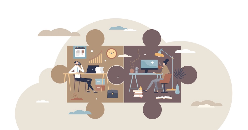 Hybrid work with part time job from home and office tiny person concept, transparent background. Scheduled workspace location for flexibility and efficiency ..