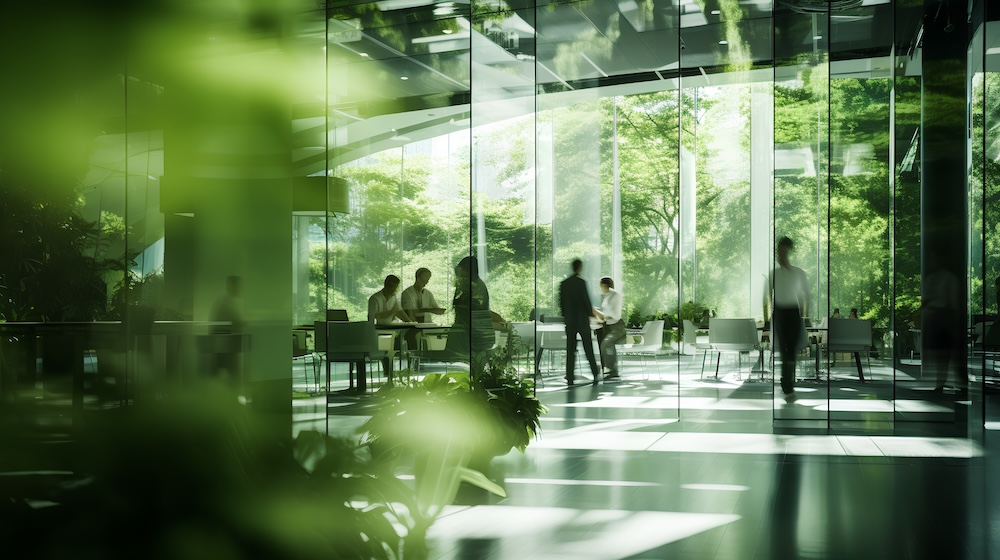 Green, sustainable and environmental office space with daily employee rush. Modern and nature friendly startup business with ESG standards and care for worker wellness and healthy environment.