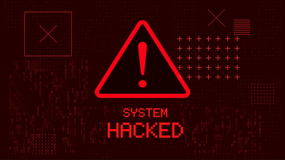 Attention Danger Symbol on Dark Red Glitched Background. Computer Virus. System Hacked Error Sign. Malware, Ransomware, Data Breach Concept. 