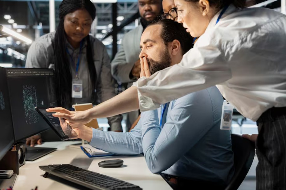 A group collaborates on a computer, showcasing IT Support For Small Companies in Knoxville, TN, with secured cybersecurity solutions.