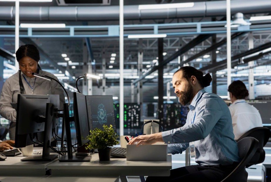 A man in a white shirt at a desk with two monitors, showcasing Managed IT Services For Small Businesses in Asheville, NC.