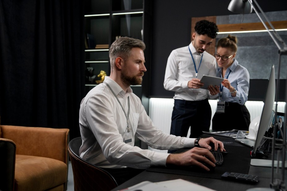 Three professionals collaborate on a computer, showcasing Managed IT Services Greenville, SC for secured IT solutions and cybersecurity.