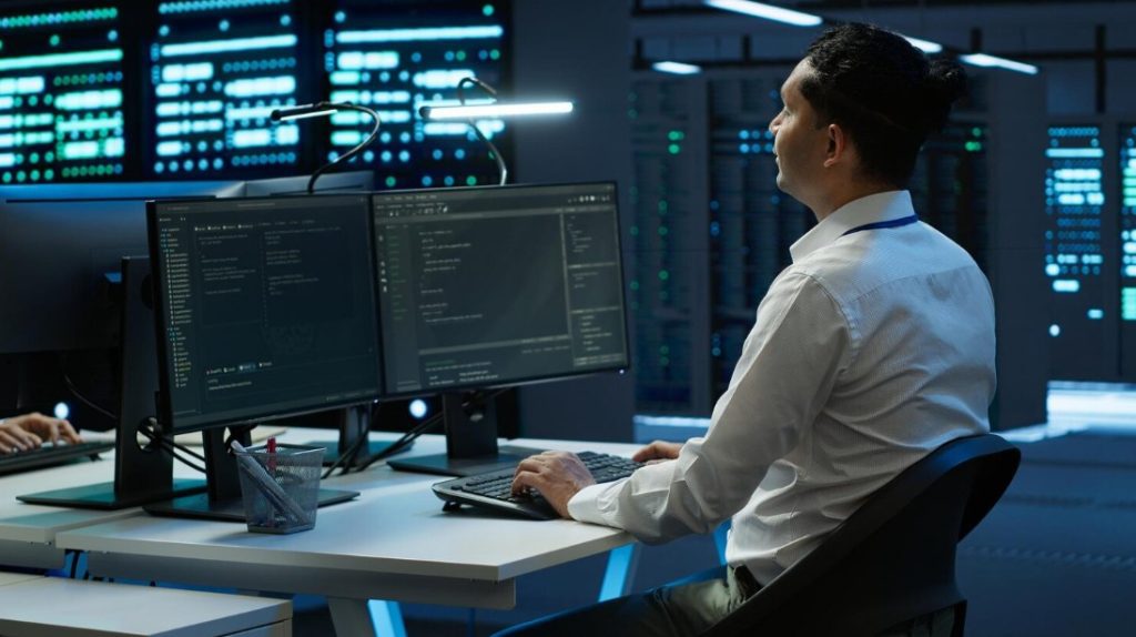 Two men at computers in a data center, showcasing IT Support Company in Greenville, SC, providing secured IT solutions.